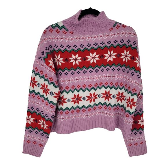 33 degrees womens Medium Pink red fair isle super soft cropped mock neck sweater - Picture 1 of 9